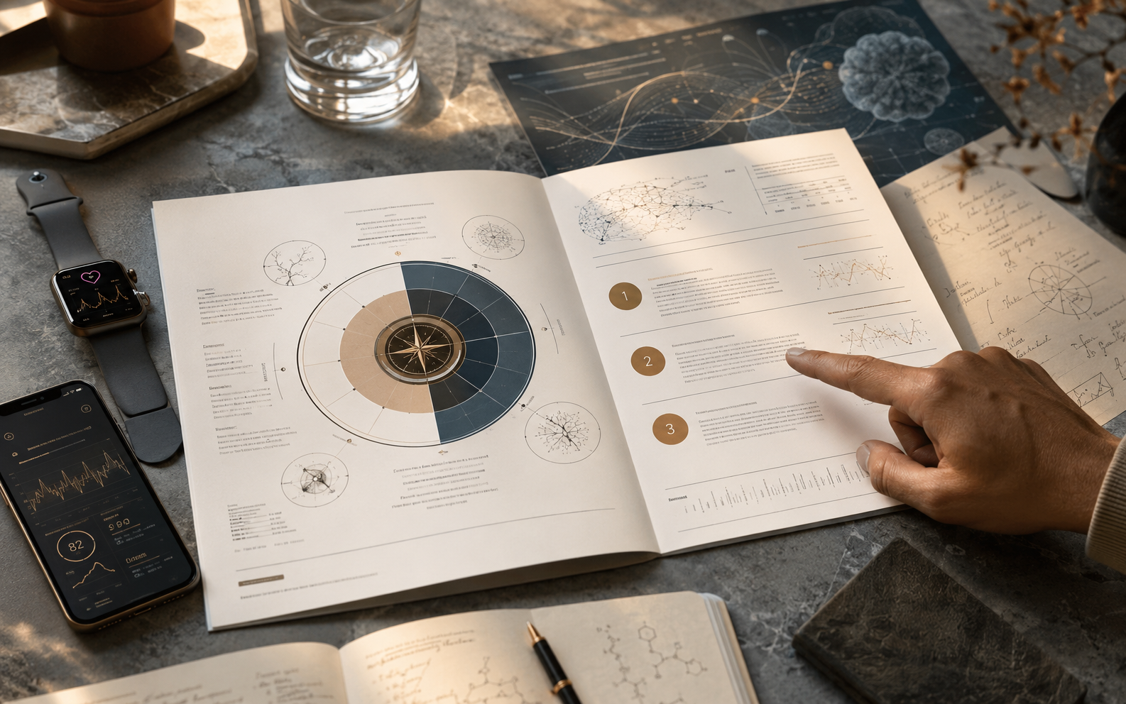 Offener Longevity-Kompass mit Daten, Wearable und handschriftlichen Prioritaeten